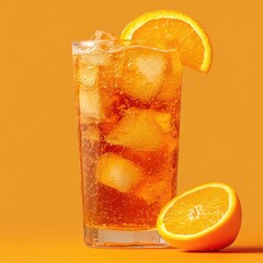 A vibrant orange soda with a slice of orange on the side