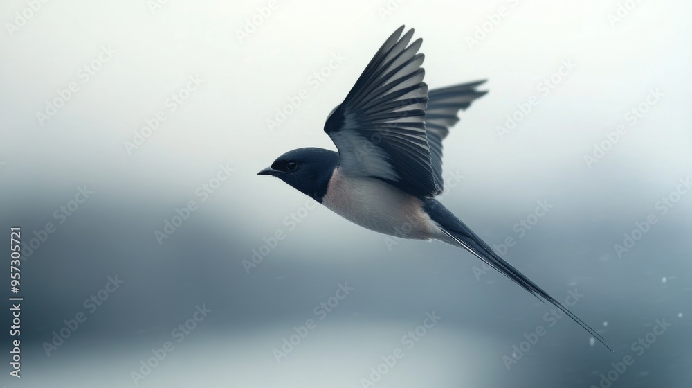 Poster A detailed image of a swallow darting through the sky, with its sleek body and swift movements captured against a slightly overcast sky, highlighting its agile flight.