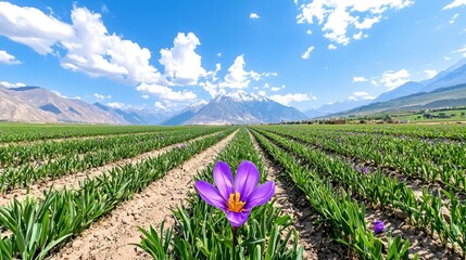 Obraz premium Golden Splendor: Capturing the Vibrant Saffron Harvest in Picturesque Iranian Countryside Landscape