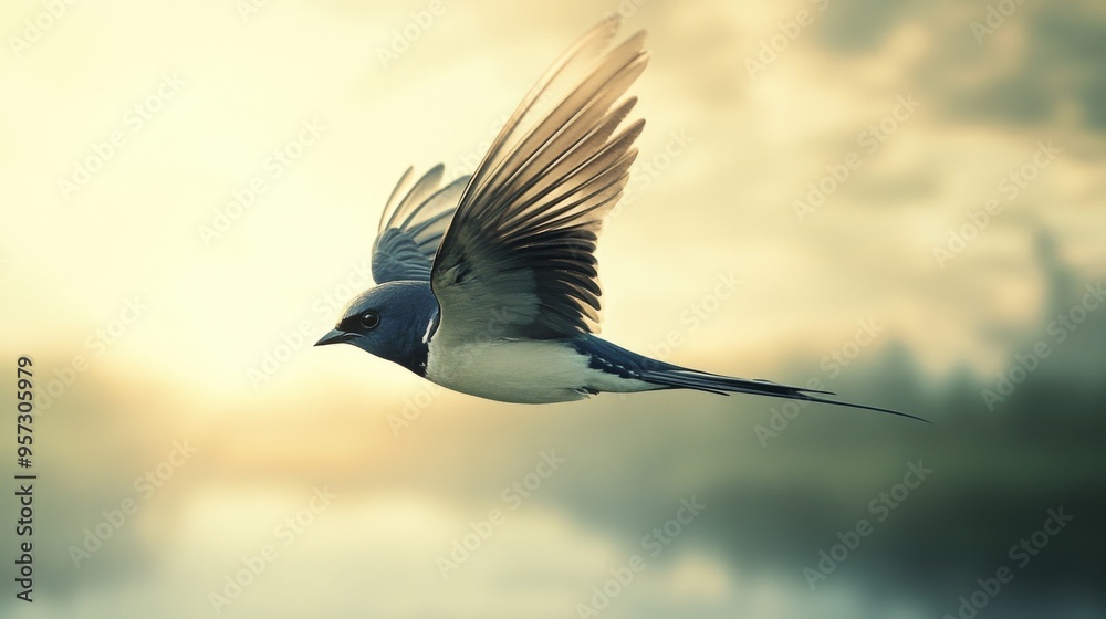 Poster A detailed image of a swallow darting through the sky, with its sleek body and swift movements captured against a slightly overcast sky, highlighting its agile flight.
