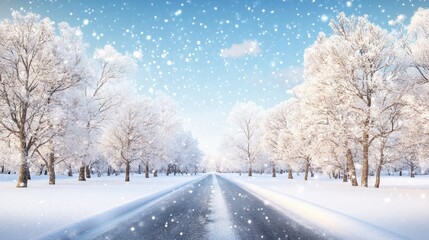 Obraz premium A magical winter path through an enchanted forest with golden lights and snowflakes falling gently