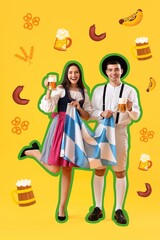 Young couple in traditional German clothes, with beer and Bavarian flag on yellow background