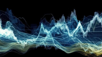An abstract, futuristic stock market scene with data visualized as flowing energy currents