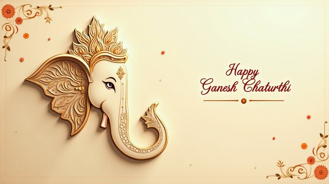 Ornate Ganesh Chaturthi Greeting with Elegant Ganesha Illustration on Cream Background