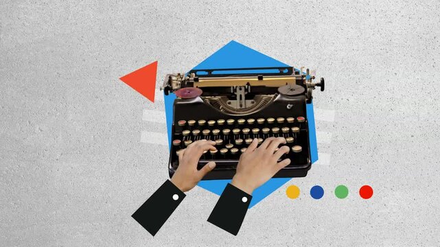 photo collage, cinemagraph, 2.5D, Stop motion, animation hand typing on antique classic typewriter keyboard, Vintage, retro, cartoon, vector