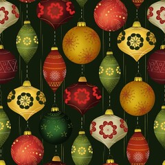 Seamless pattern with festive Christmas baubles on green background. Hand drawn Christmas tree decoration. Perfect for gifts packing, wrapping paper, postcards.