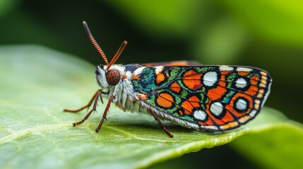 Fototapeta premium A detailed view of a small, colorful moth resting on a leaf, with its patterns and colors vividly contrasting against the green of the leaf and the natural background.