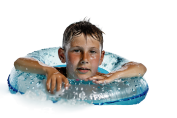Young boy swimming with a colorful tube in a pool