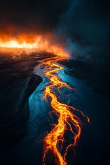 Aerial perspective of a complex river system, with bright orange and blue streams weaving through the landscape, creating a mesmerizing abstract design
