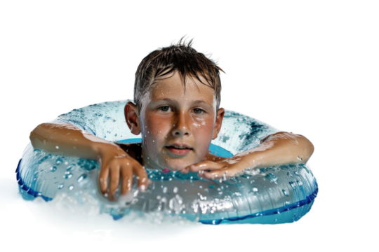 Young boy swimming with a colorful tube in a pool