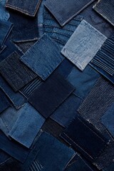 Collage of various denim fabric patches in different shades of blue, showcasing the textures, stitching, and worn elements of each piece