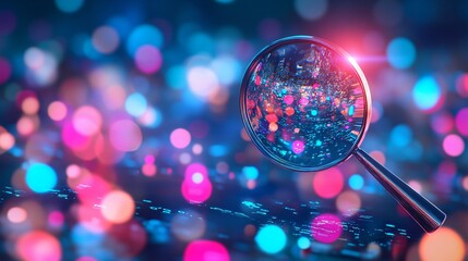 A 3D magnifying glass focusing light beams on search results floating in a virtual space, symbolizing precision in search