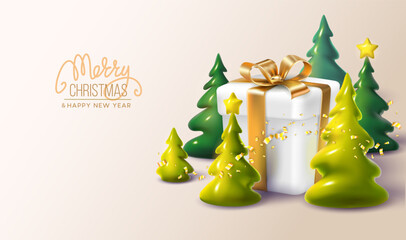 erry Christmas and Happy New Year festive 3d composition with realistic Christmas trees, gifts box, golden confetti