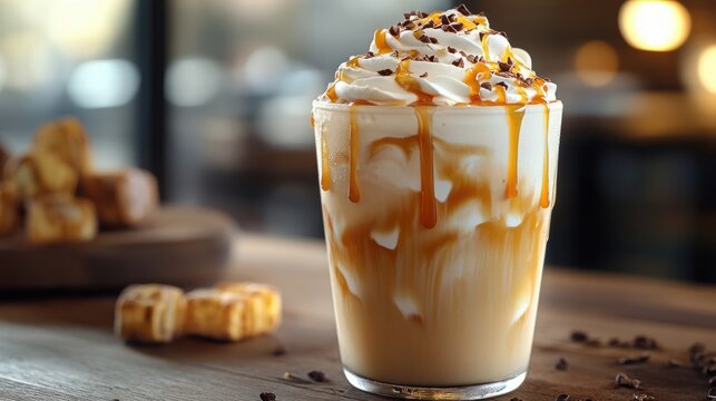 An iced caramel latte with whipped cream and caramel drizzle on top