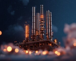 Futuristic industrial refinery, digital data screens with analytics, 3D illustration