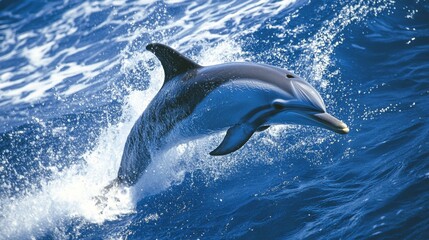 A dolphin diving back into the deep blue sea, with its tail fin raised high and the ocean waves gently rippling around, capturing a moment of natural beauty and grace