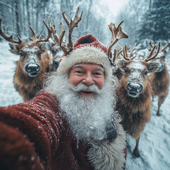 Funny santa claus grandpa making selfie with his reindeer modern lifestyle illustration, Merry Christmas