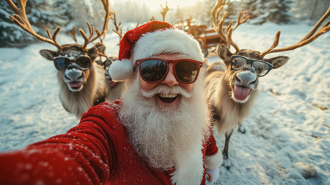 Funny santa claus grandpa making selfie with his reindeer modern lifestyle illustration, Merry Christmas