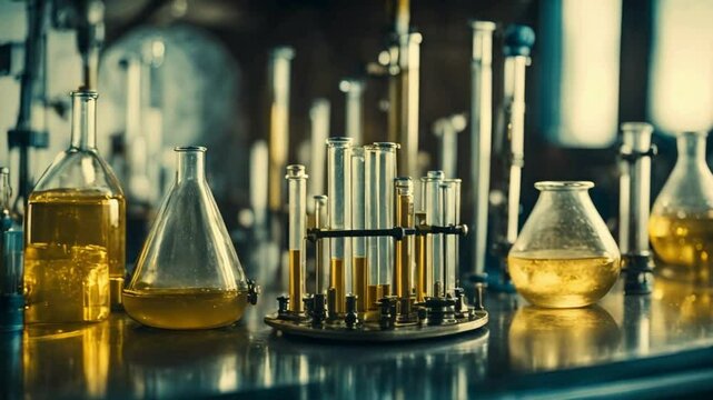 Vintage laboratory with bubbling test tubes and ancient equipment. Yellow and Blue tones. Grunge style illustration