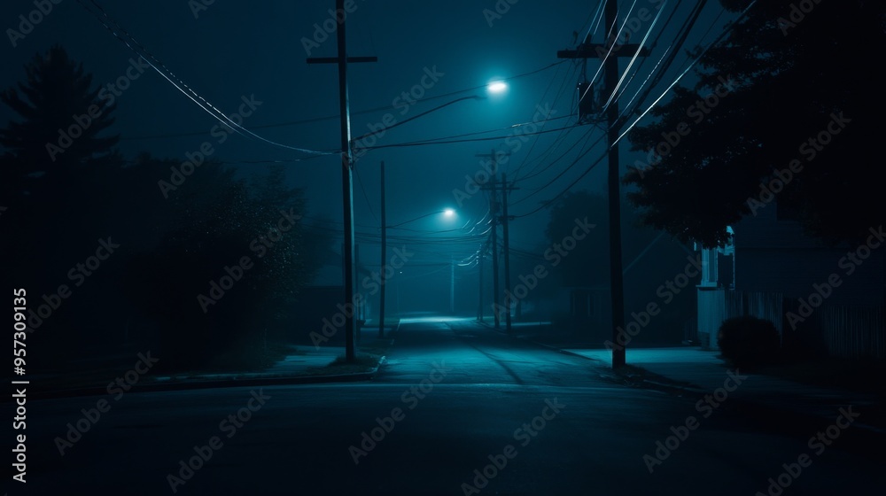 Poster a dramatic night scene with illuminated electric poles casting light on a quiet street, with the con