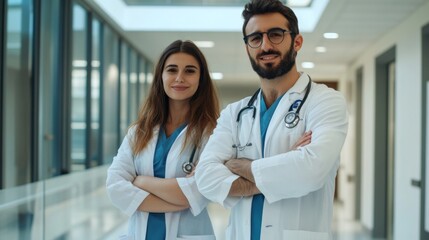 "Confident Medical Professionals in Hospital Corridor"