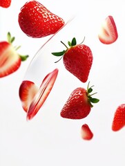 flying strawberry pieces in the image is a plump, bright red fruit with a smooth, glossy surface that reflects light, giving it a fresh and juicy appearance on white background