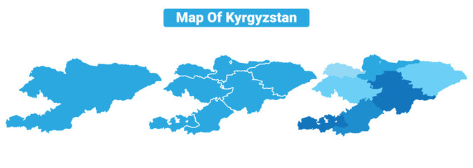 Vector Blue Kyrgyzstan political maps with borders regions simple flat illustration set 