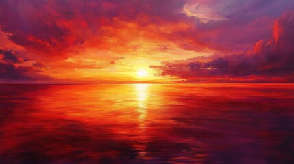 A dramatic sunset with deep red and orange hues painting the sky, reflecting off calm waters, capturing the breathtaking beauty of nature's red spectrum.