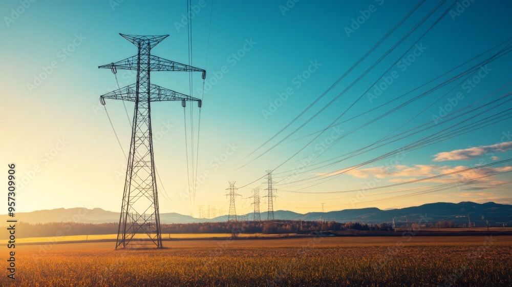 Poster A dramatic view of high-voltage transmission towers and power lines against a clear blue sky, emphasizing their towering presence and the vast network of high-voltage infrastructure.