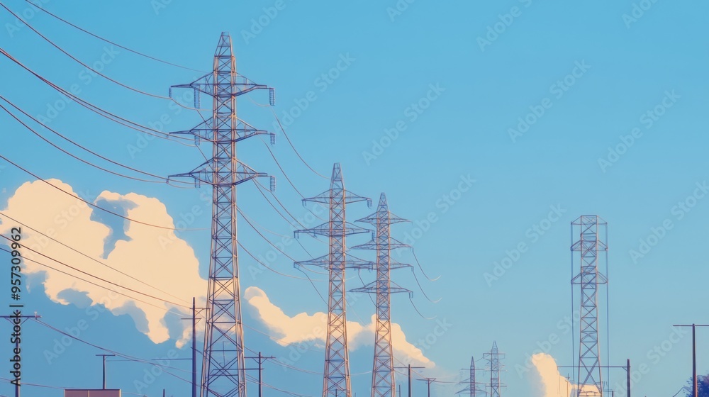 Poster a dramatic view of high-voltage transmission towers and power lines against a clear blue sky, emphas