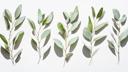 Fototapeta premium A minimalist composition of eucalyptus leaves on a white background, with sharp shadows creating a sense of depth and dimension
