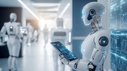 A futuristic AI-powered hospital with robots and advanced diagnostic tools, symbolizing healthcare transformed by AI