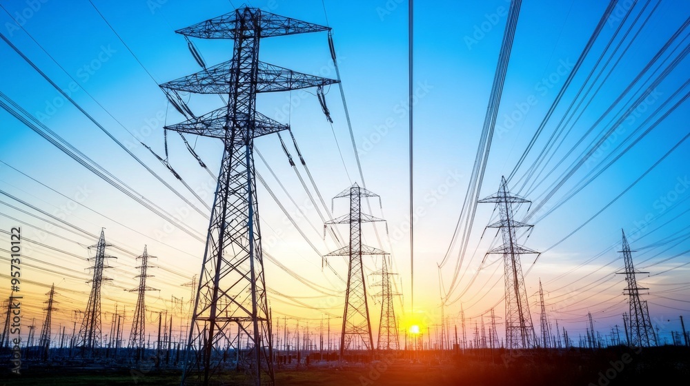Poster a dramatic view of high-voltage transmission towers and power lines against a clear blue sky, emphas