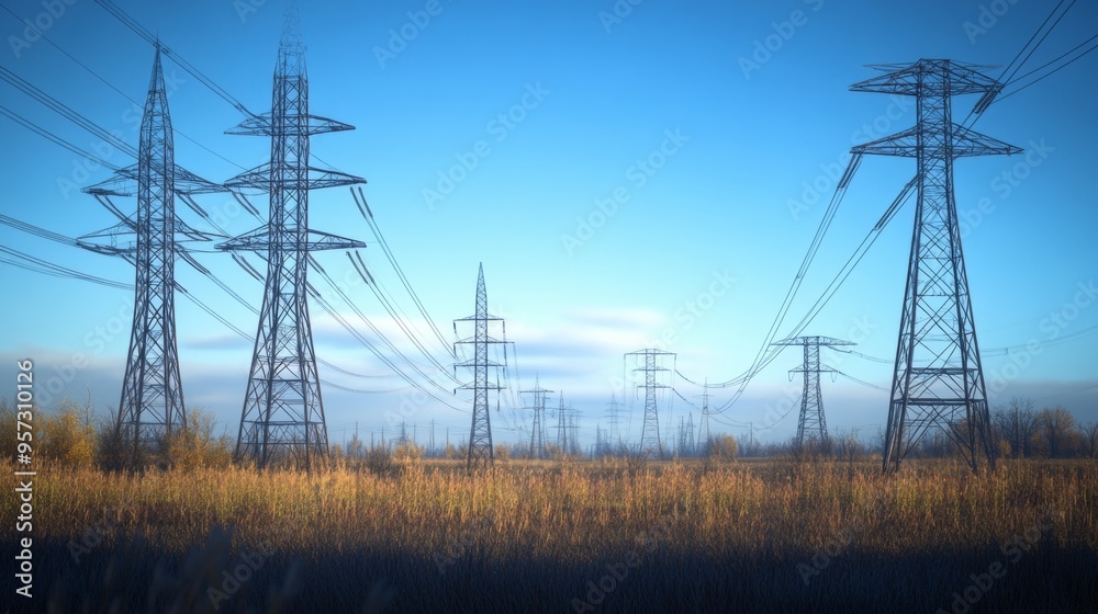 Aufkleber a dramatic view of high-voltage transmission towers and power lines against a clear blue sky, emphas