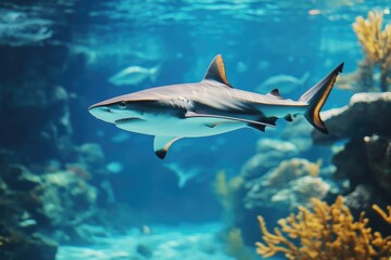 A shark swimming in the blue water of a wide aquarium