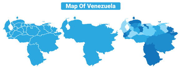 Vector Blue Venezuela political maps with borders regions simple flat illustration set 