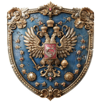 Ornate shield with a golden two-headed eagle design, isolated on white background, transparent background