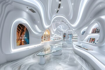 Fototapeta premium A large, white room with a staircase leading up to it