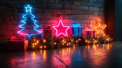 Neon outlines of classic Christmas shapes tree, star, gift box glowing against concrete wall background