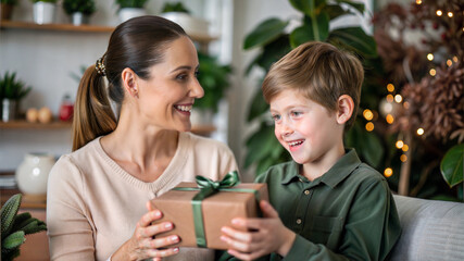 Portrait of smiling mother and son looking at each other and holding gift box.