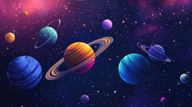 2D illustration featuring a cartoon space background with deep interstellar elements including stars planets and moons offering various imaginative sci fi settings for children s art
