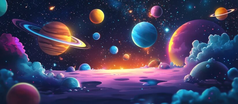 2D illustration featuring a cartoon style cosmic backdrop with deep space elements including stars planets and moons representing imaginative science fiction themes