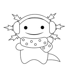 Christmas cute cartoon Axolotl with headphones in black and white