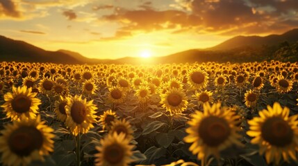 Obraz premium A field of sunflowers in full bloom, all facing towards the setting sun, with warm golden light bathing the entire landscape, creating a peaceful and uplifting scene.