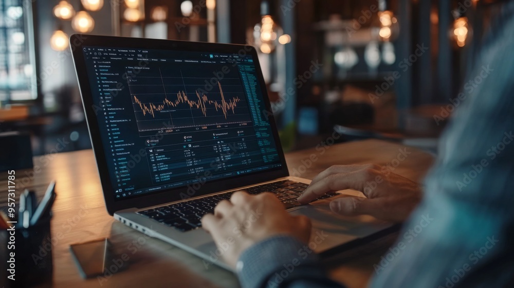 Fototapete a financial analyst working on a laptop with a screen displaying a complex, multi-line graph, set in