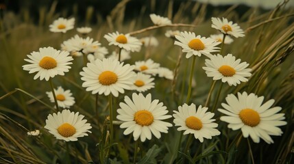 Fototapeta premium The landscape of white daisy blooms in a field 