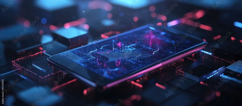 Poster 2d rendering of 5g technology displayed on a mobile device