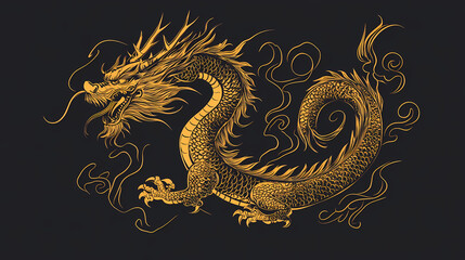 Dragon illustration with golden color outline, no background, suitable for any element, template, tattoo, decoration, screen printing, sticker, backdrop. chinese new year element. Dragon. Illustration
