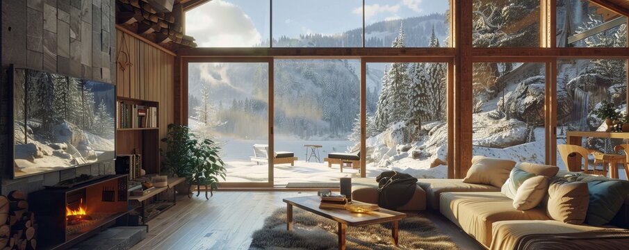 Peaceful tranquility in a secluded mountain cabin, 4K hyperrealistic photo