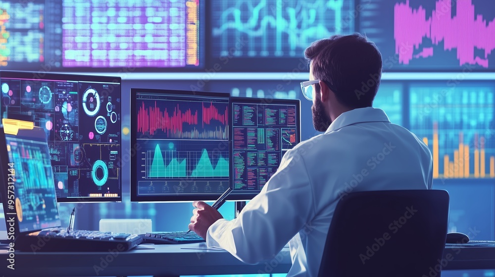 Poster data analyst in a lab coat monitors multiple screens displaying complex graphs and data visualizatio